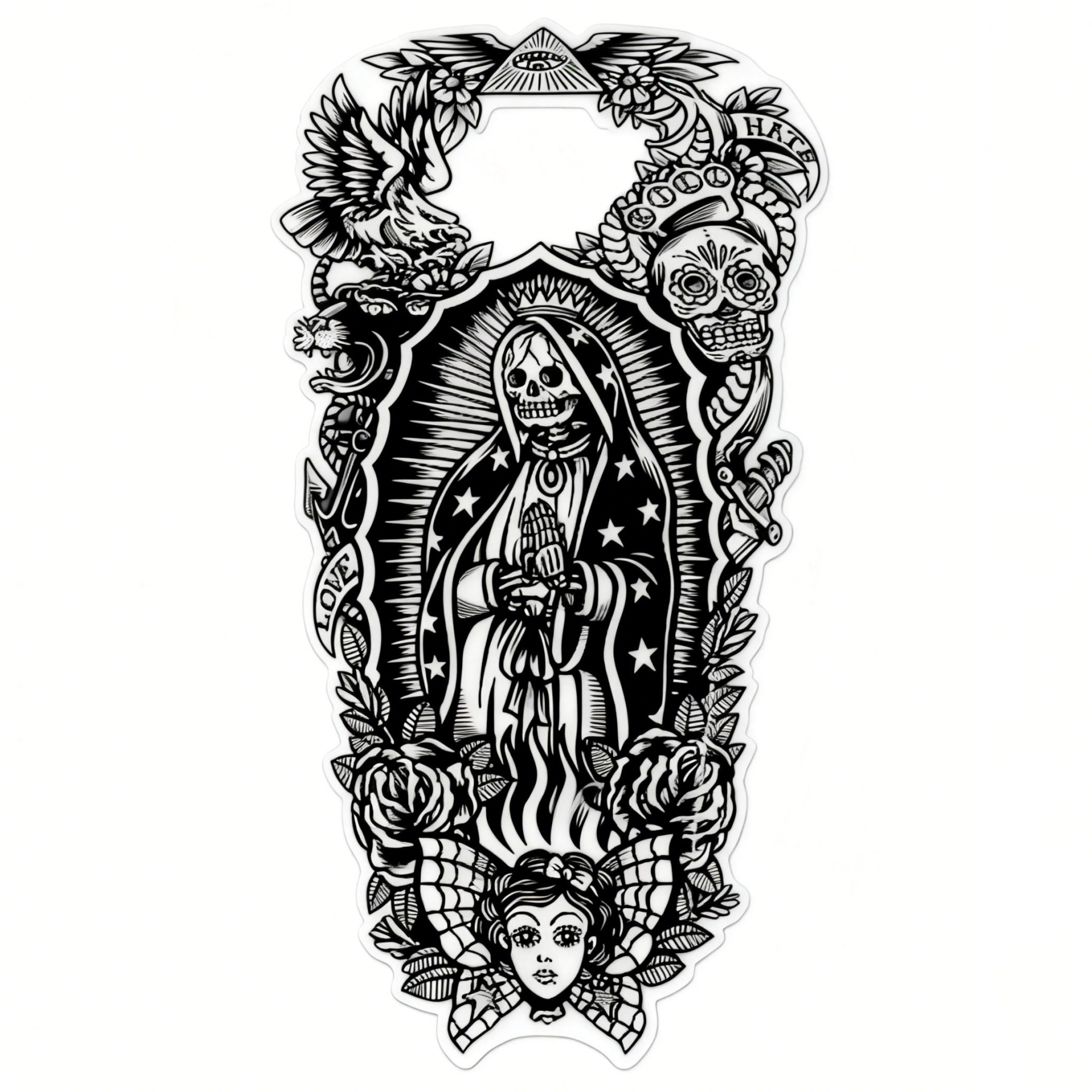 Chicano Santa Muerte Skull Graphic Black White Motorcycle Gas Tank Decal