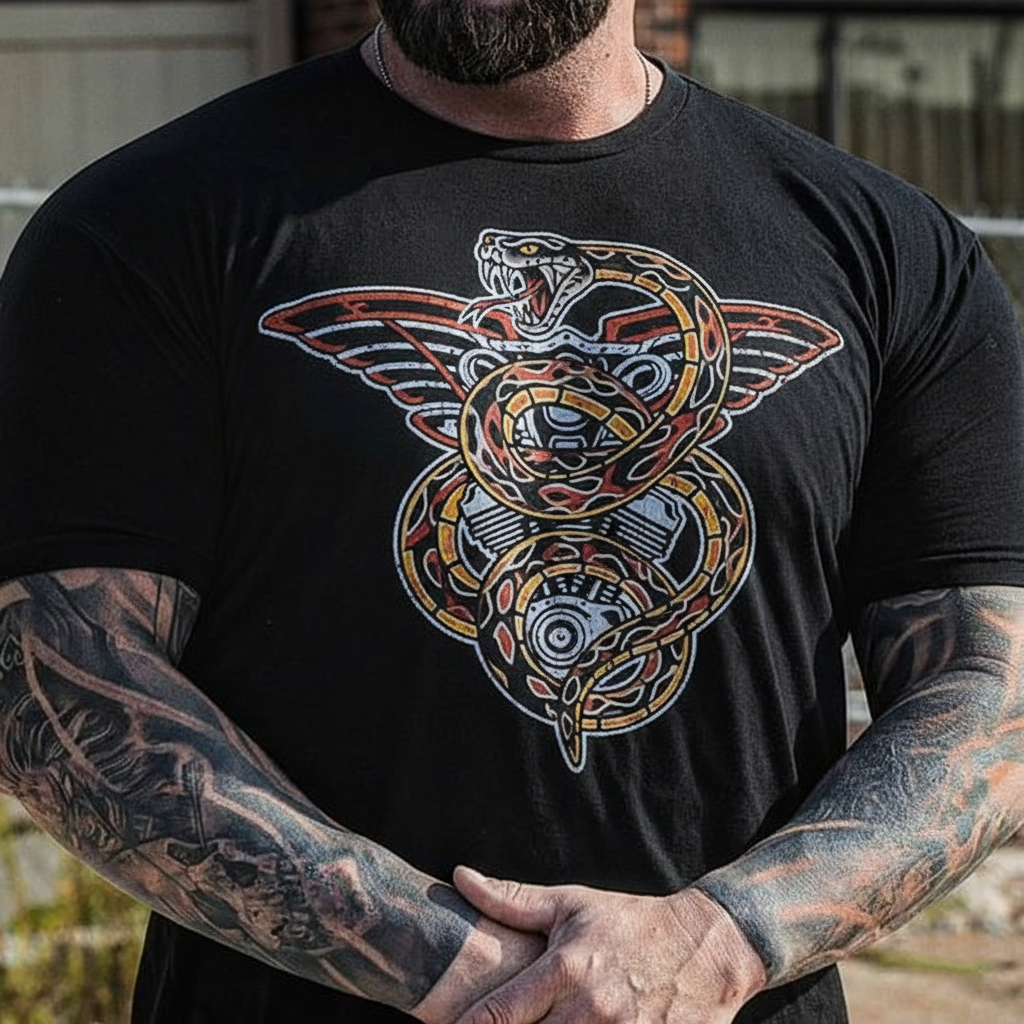 Classic American tattoo style venomous snake engine T-shirt