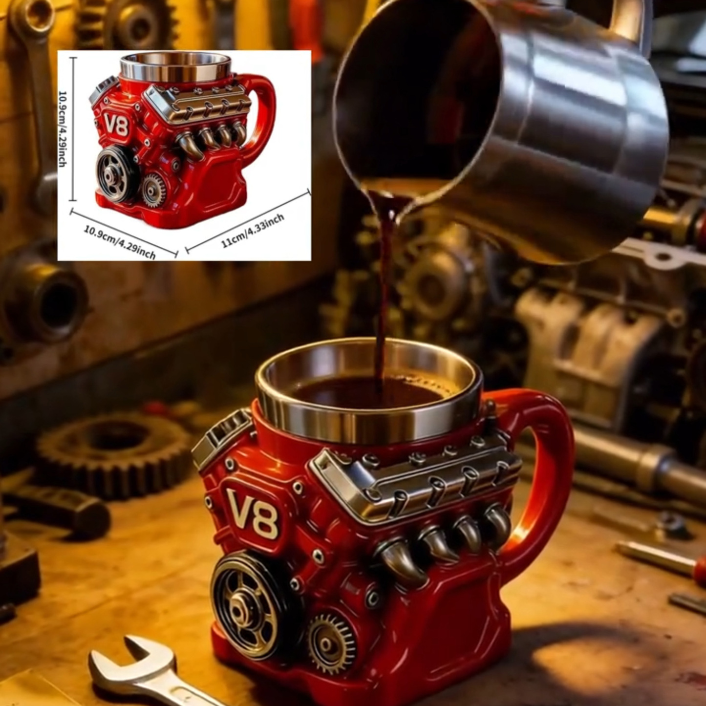 Creative V8 Engine Resin Coffee Mug with Stainless Steel Liner