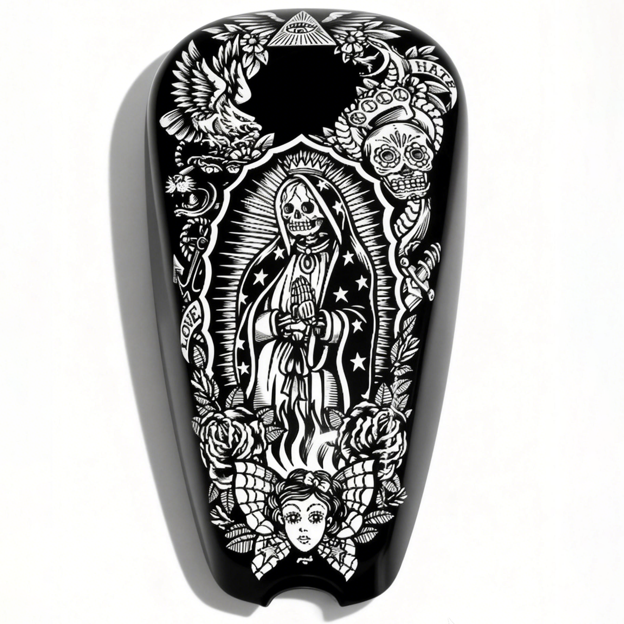 Chicano Santa Muerte Skull Graphic Black White Motorcycle Gas Tank Decal