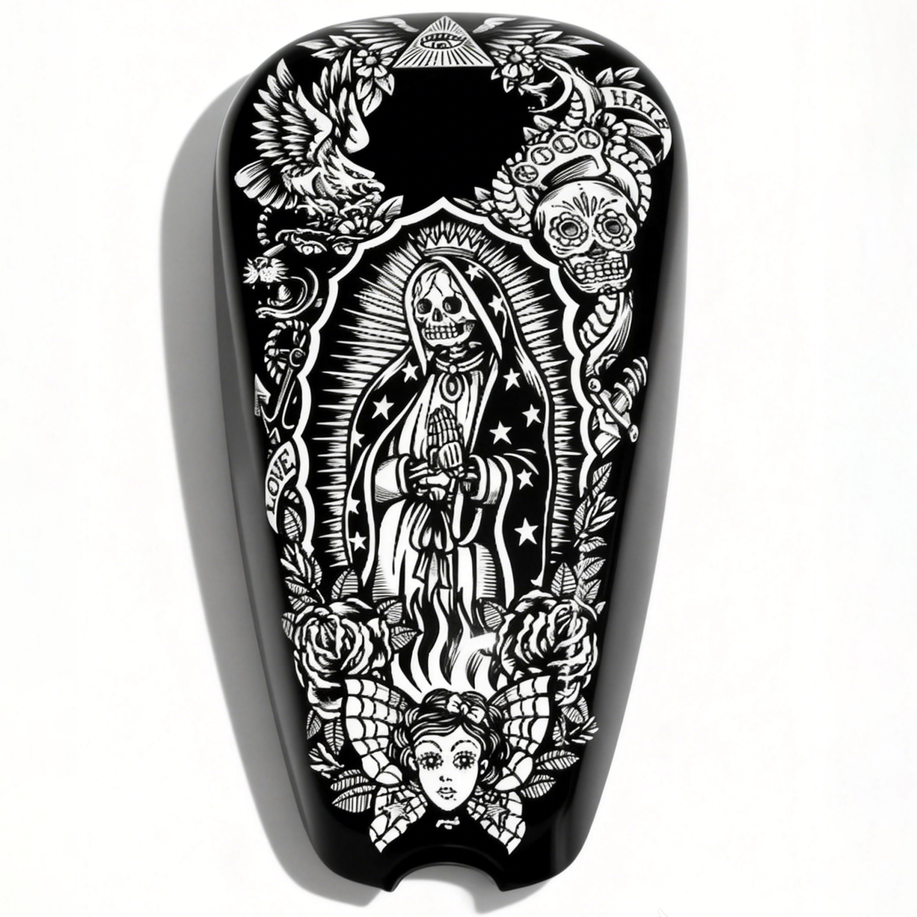 Chicano Santa Muerte Skull Graphic Black White Motorcycle Gas Tank Decal
