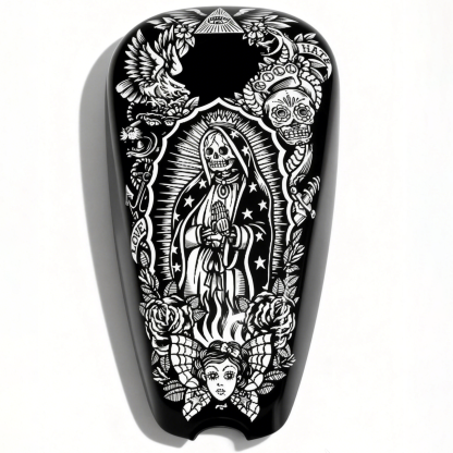 Chicano Santa Muerte Skull Graphic Black White Motorcycle Gas Tank Decal