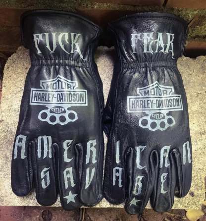 Hardcore Punk Style Gothic Text Printed Black Leather Riding Gloves