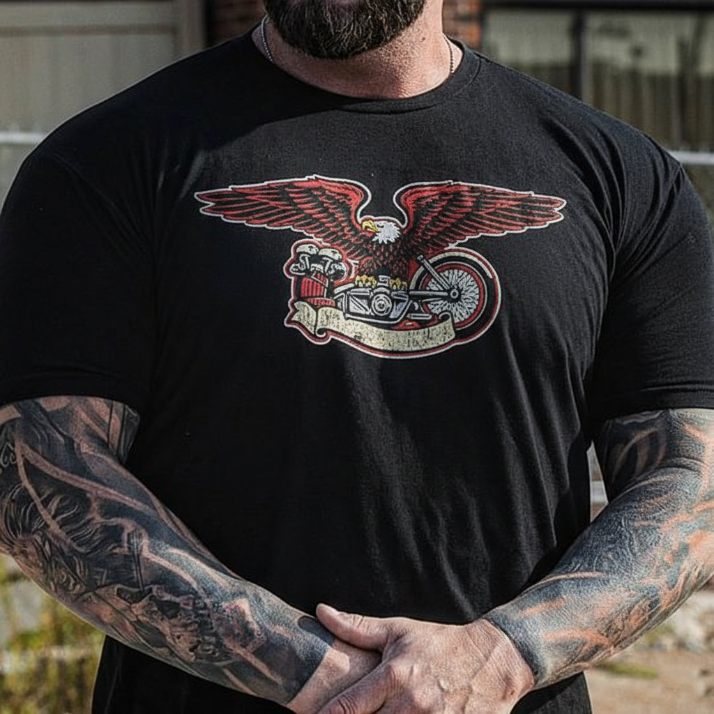 American-style retro heavy-duty engine printed short-sleeved shirt