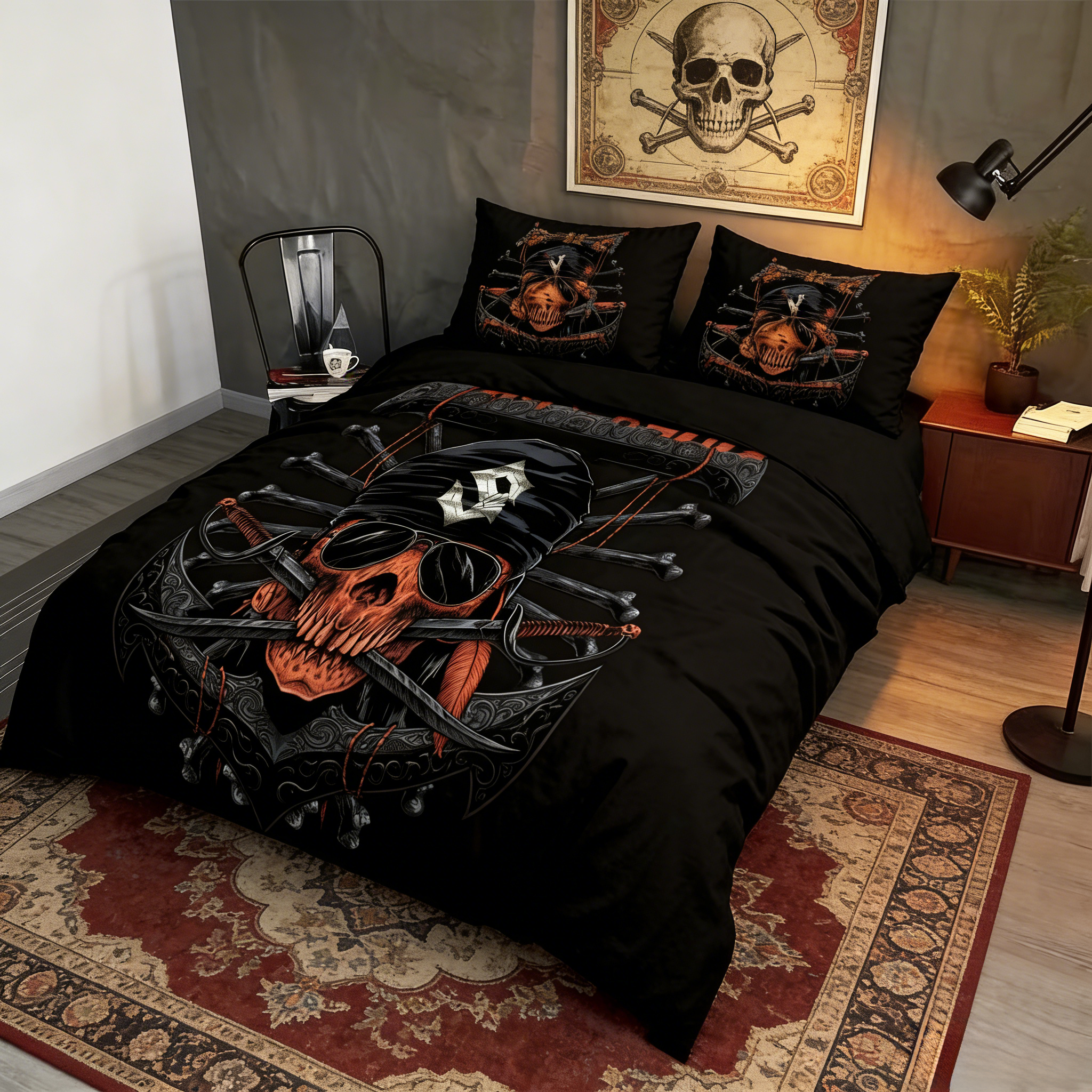 Retro Harley-Davidson style pattern 3-Piece Quilted Bedding Set