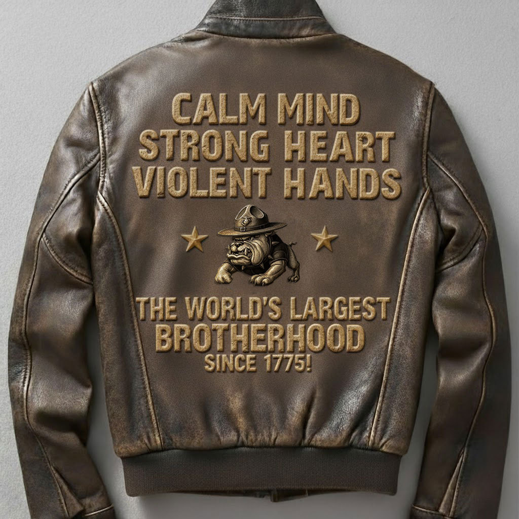 Calm Mind Strong Heart" Military Style Tough Guy Leather Jacket