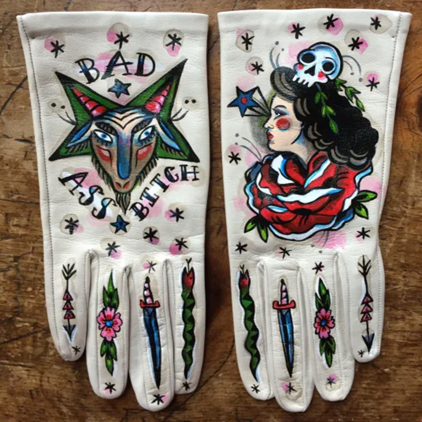 Print Vintage Leather Work Gloves