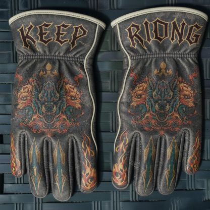 Dark Gothic Cerberus Graphic Distressed Grey Leather Motorcycle Riding Gloves