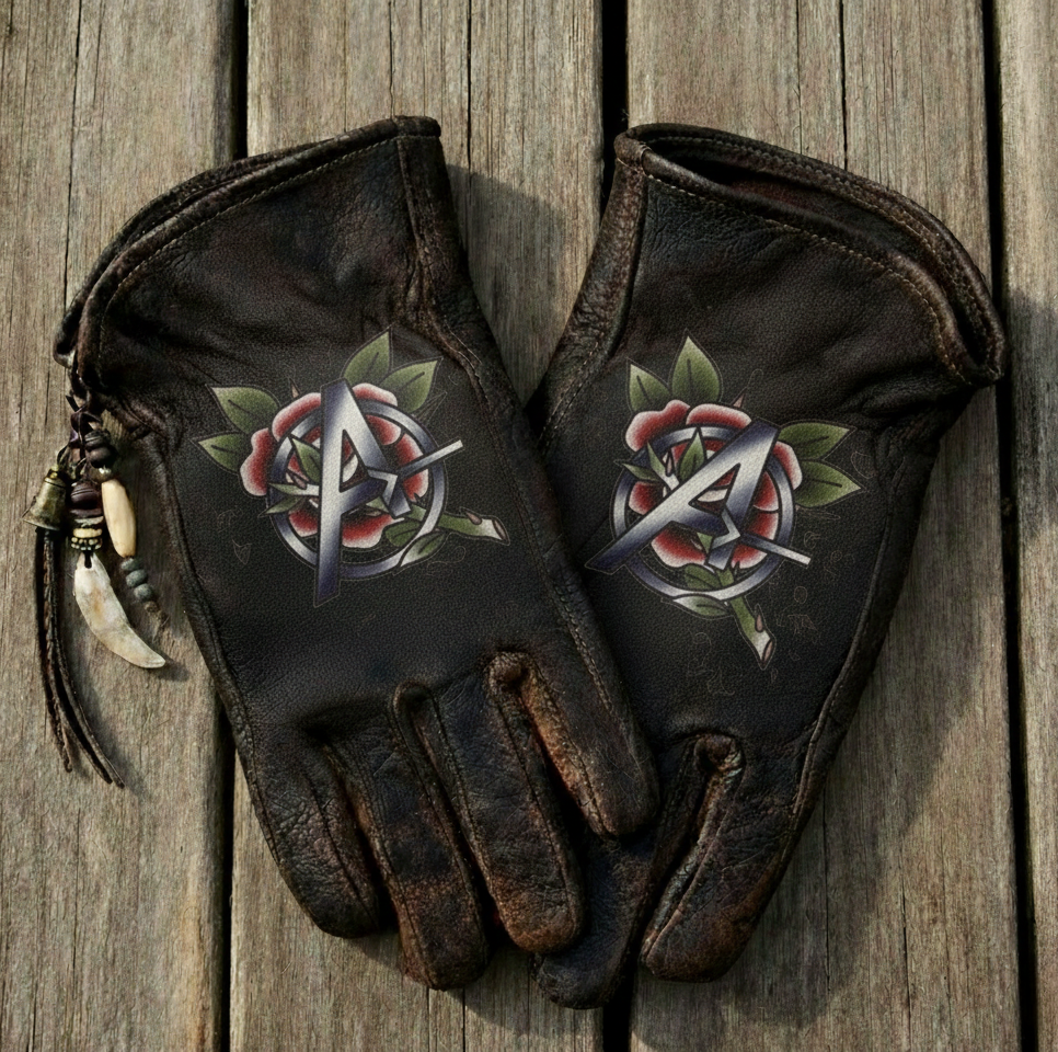 Gothic Distressed Dark Leather Gloves with Floral Heroic Logo