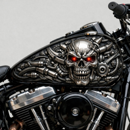 Cyberpunk biomechanical skull with glowing red eyes fuel tank decal