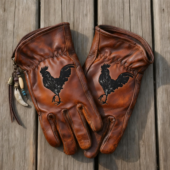 Custom Hand-Painted Rooster Leather Gloves – Distressed Vintage Style