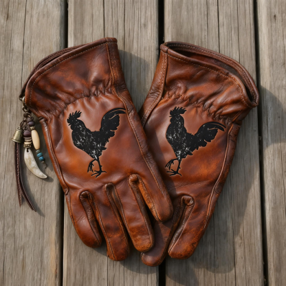 Custom Hand-Painted Rooster Leather Gloves – Distressed Vintage Style