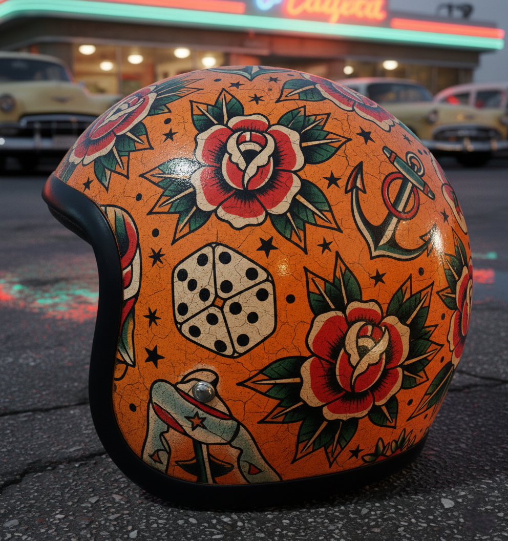 Vintage Rock Culture Distressed Graphics Open Face Motorcycle Helmet