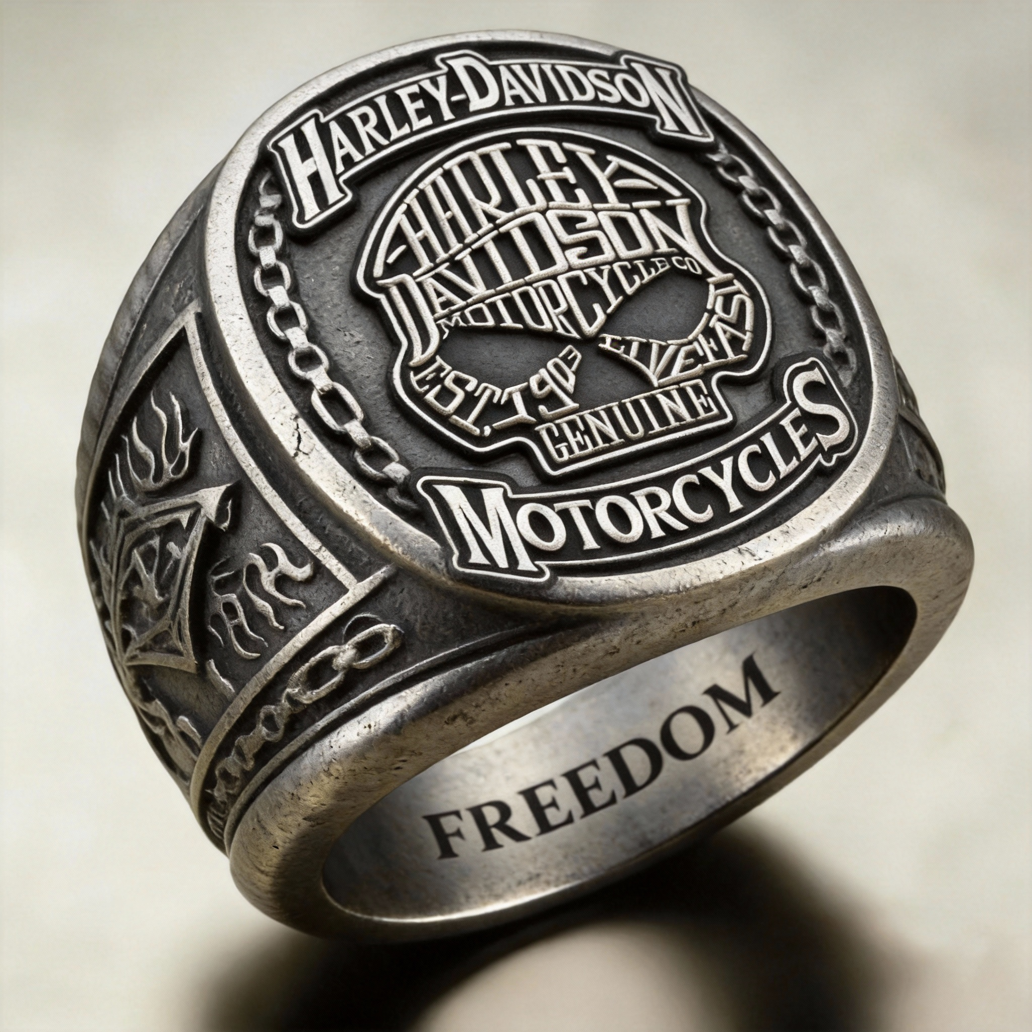Biker retro silver antique finish motorcycle themed engraved signet ring