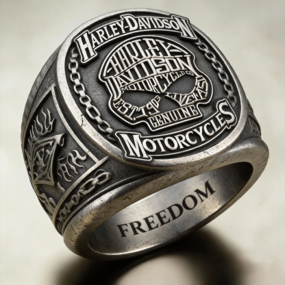 Biker retro silver antique finish motorcycle themed engraved signet ring
