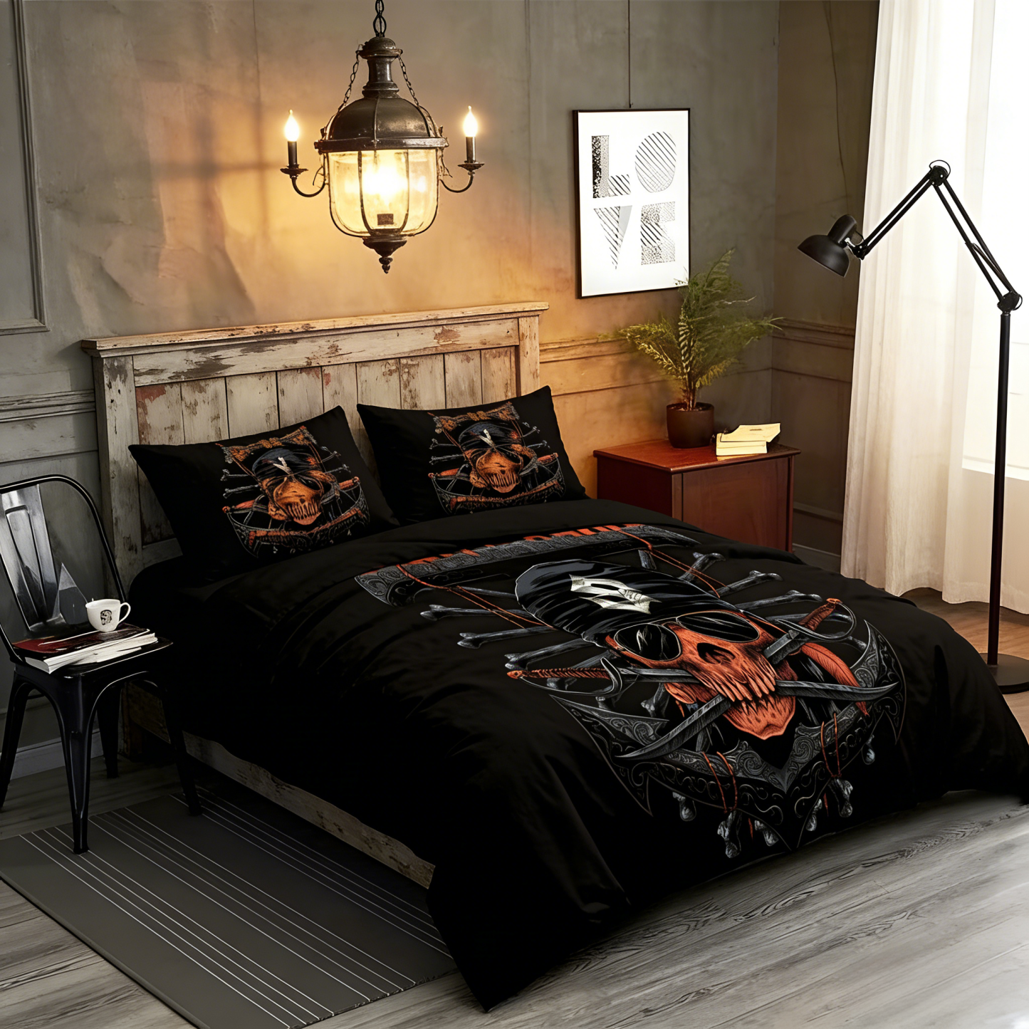 Retro Harley-Davidson style pattern 3-Piece Quilted Bedding Set