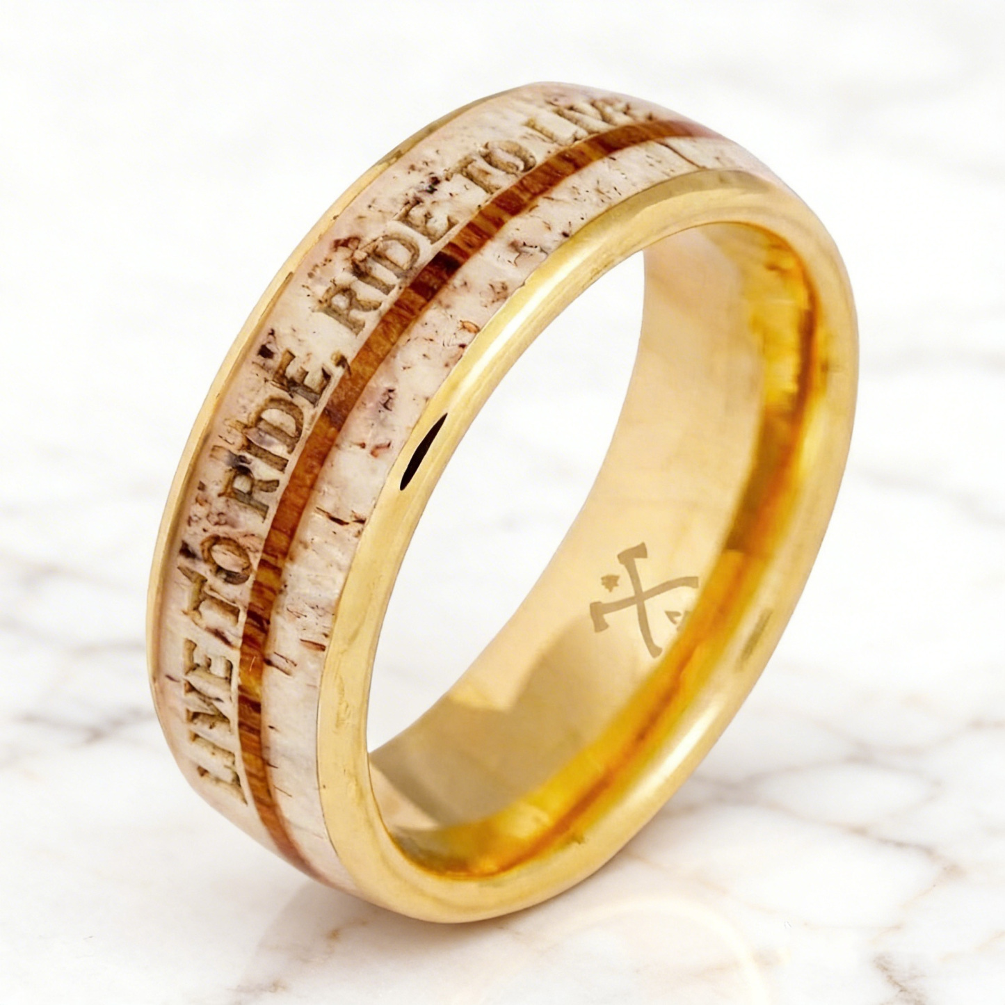 Biker Style Gold Band Engraved Live To Ride Motto Ring