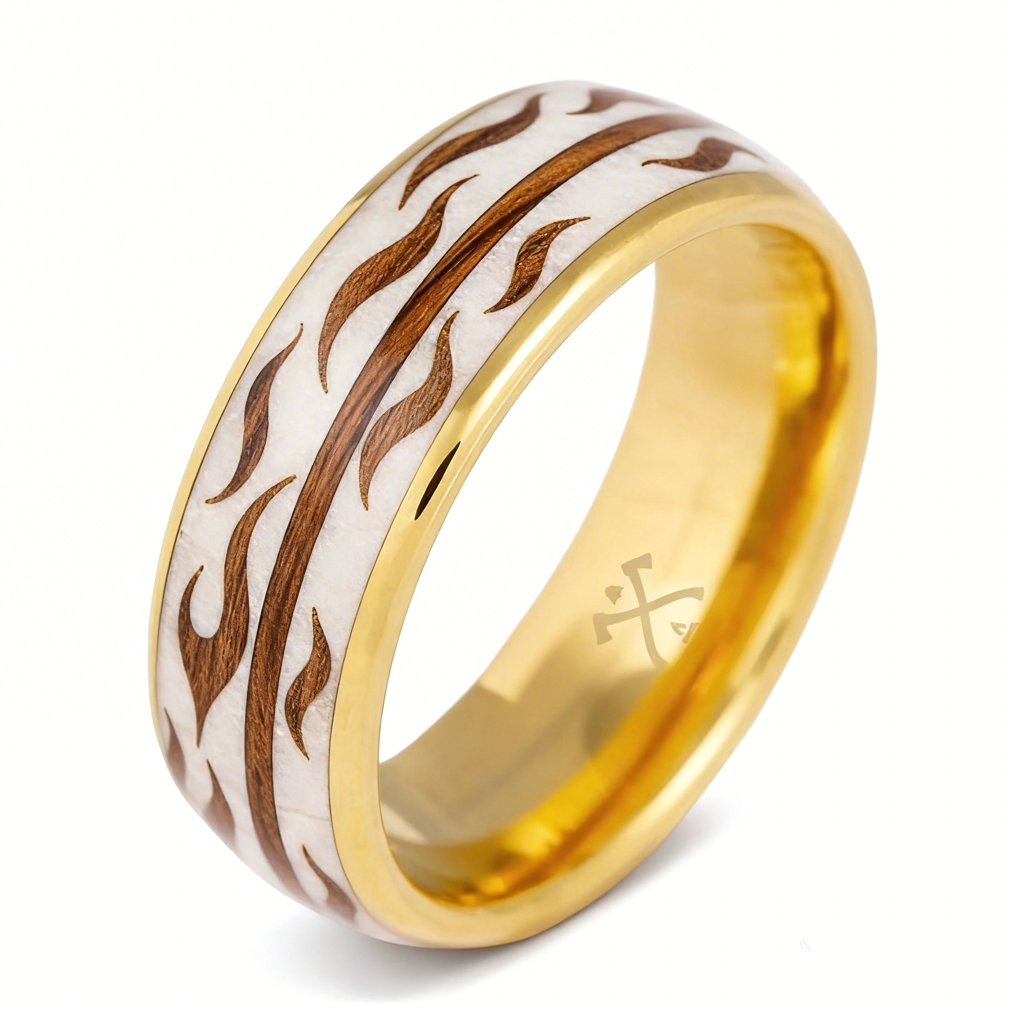 Biker Style Gold Band With Wooden Flame Inlay Marble Ring