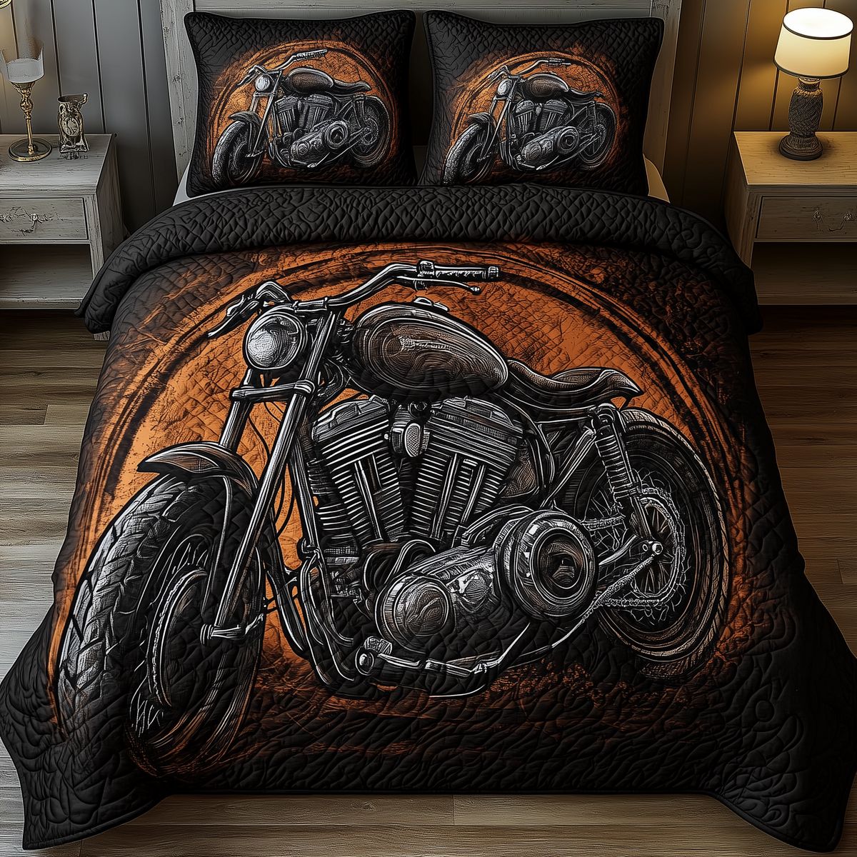 Retro Harley-Davidson style pattern 3-Piece Quilted Bedding Set