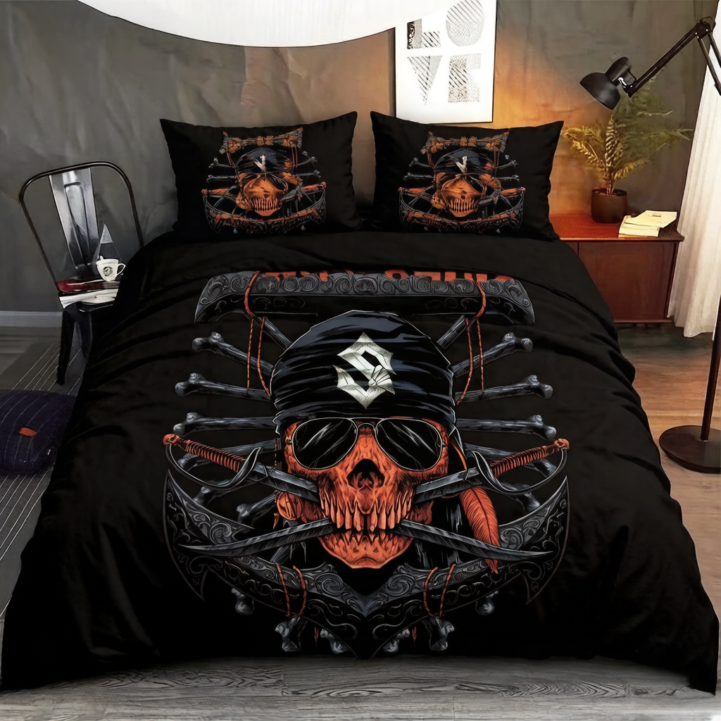 Retro Harley-Davidson style pattern 3-Piece Quilted Bedding Set