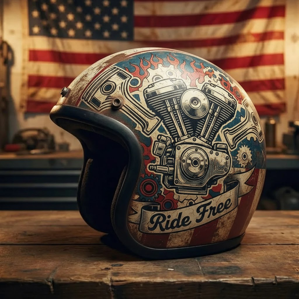 Retro Flashback: Traditional Tattoo Art Biker Helmet