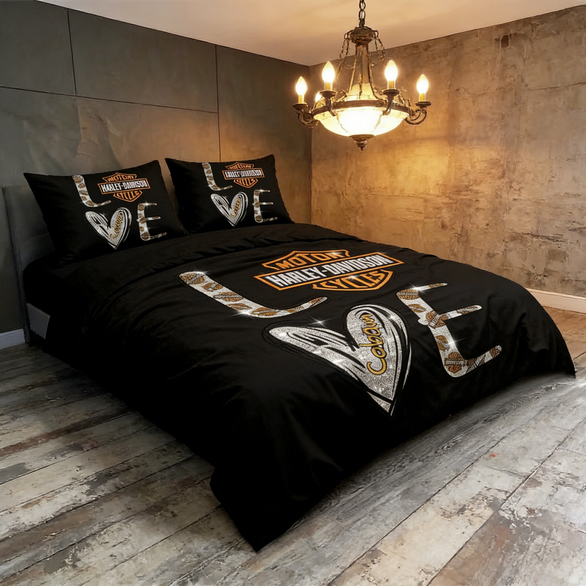 Retro Harley-Davidson style pattern 3-Piece Quilted Bedding Set