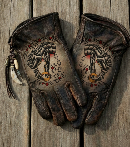 Vintage Distressed Multi Graphic Illustration Genuine Leather Work Gloves