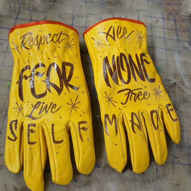 Street Graffiti Style Respect All Fear None Yellow Leather Gloves