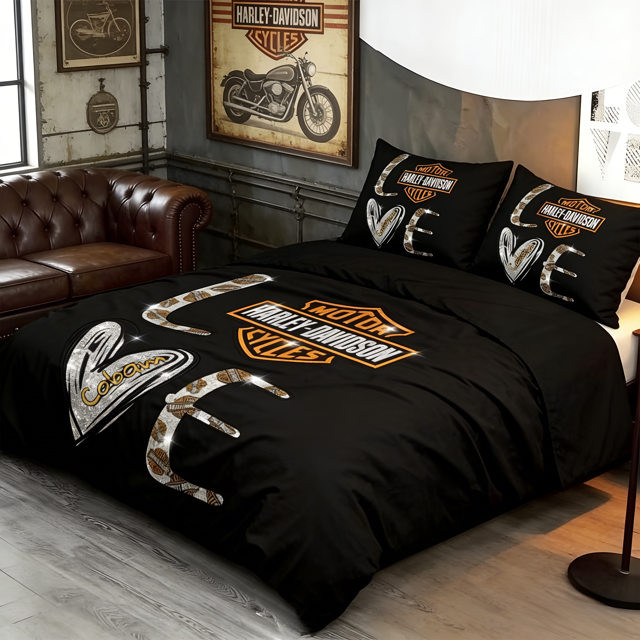 Retro Harley-Davidson style pattern 3-Piece Quilted Bedding Set