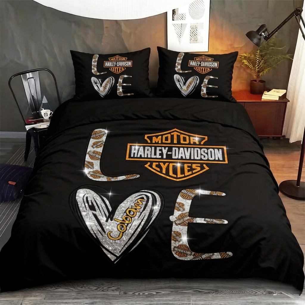 Retro Harley-Davidson style pattern 3-Piece Quilted Bedding Set