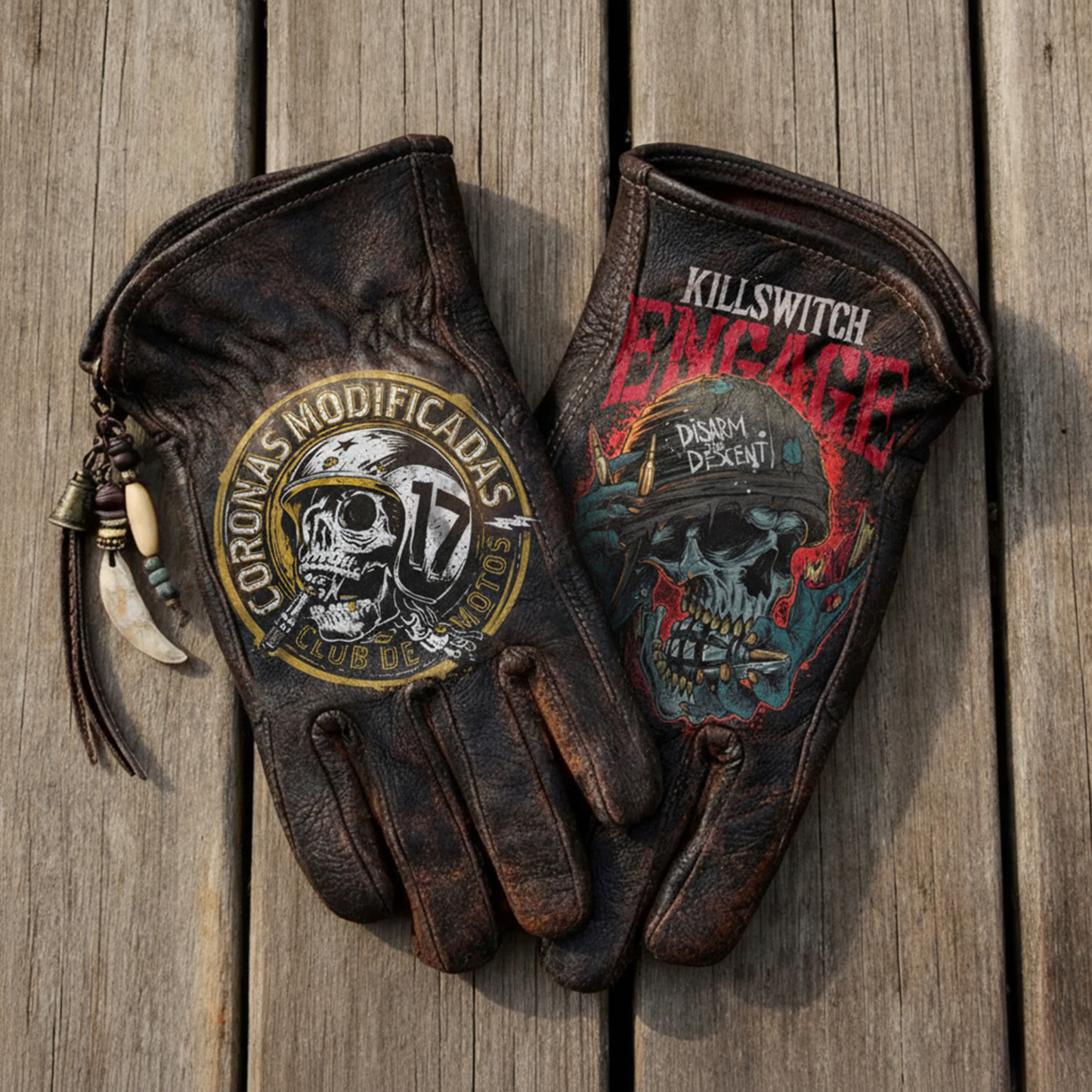 Gothic style skull leather riding gloves