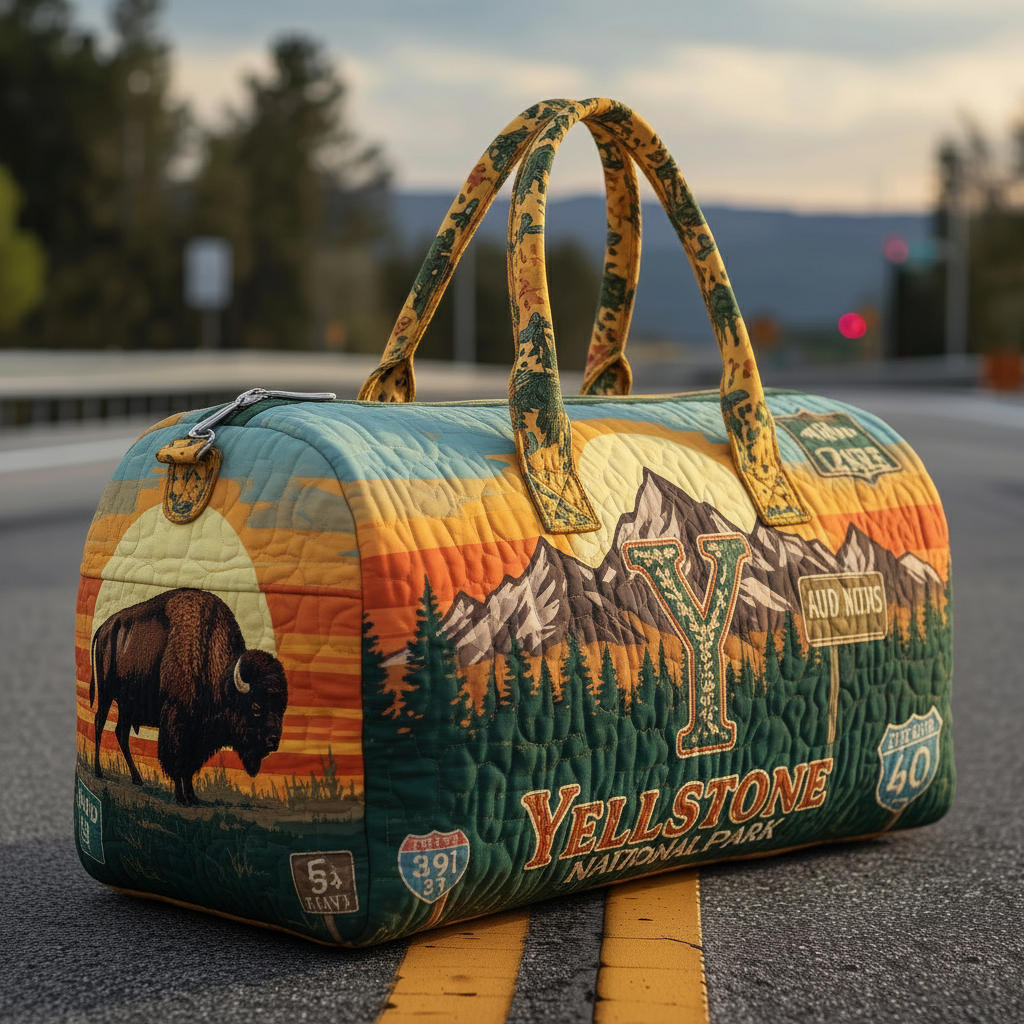 Western National Park Scenery Quilted Canvas Bison Print Travel Bag