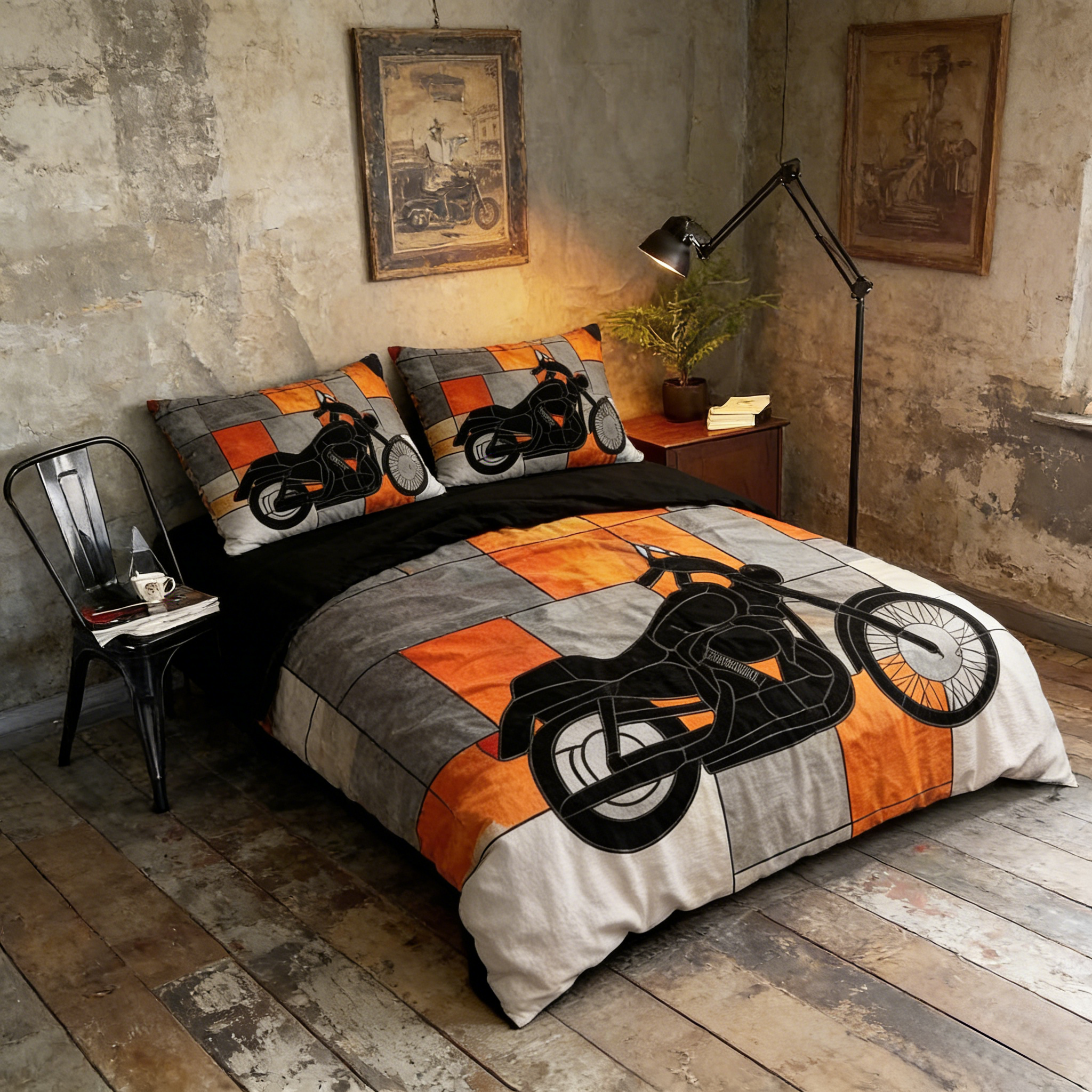 Retro Harley-Davidson style pattern 3-Piece Quilted Bedding Set