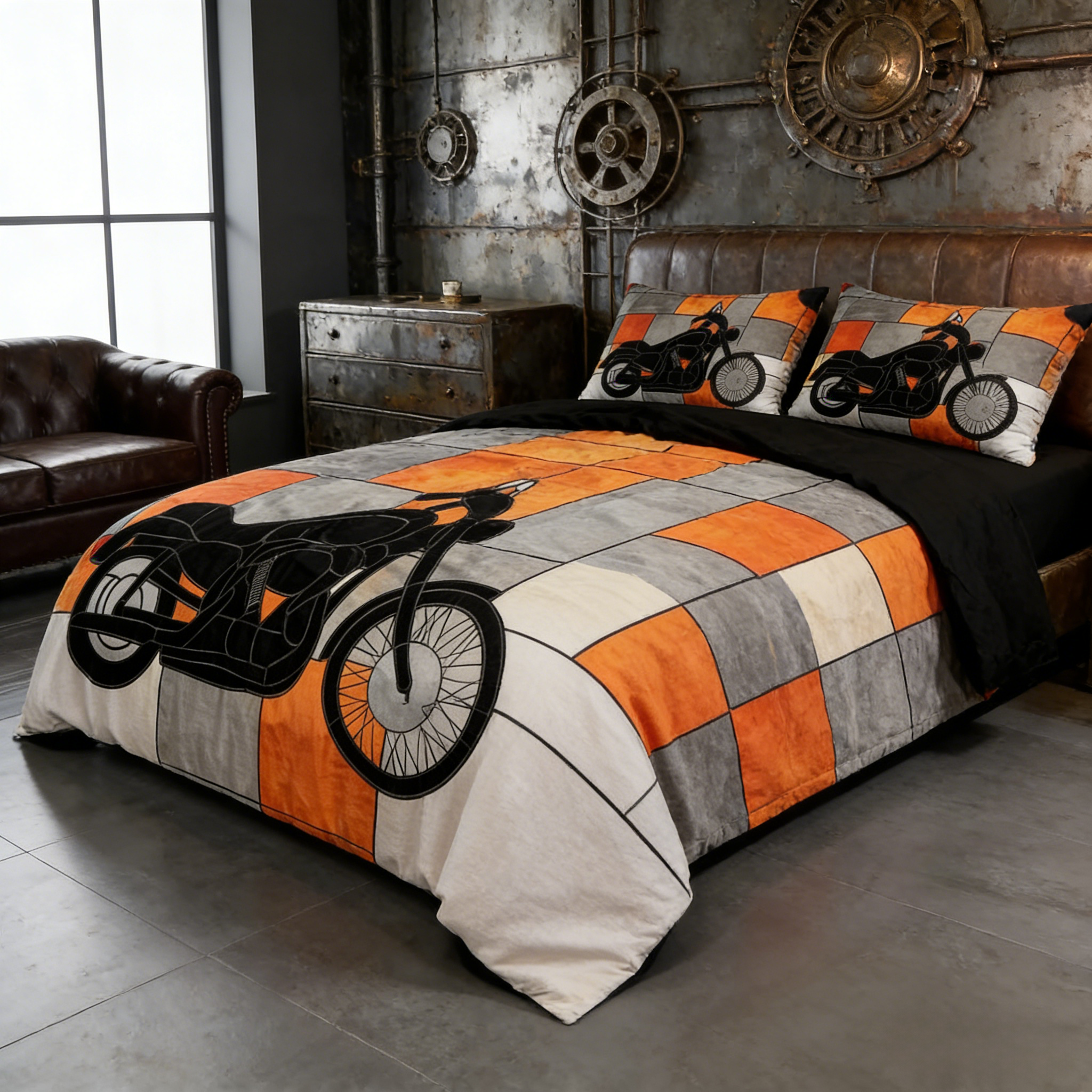 Retro Harley-Davidson style pattern 3-Piece Quilted Bedding Set