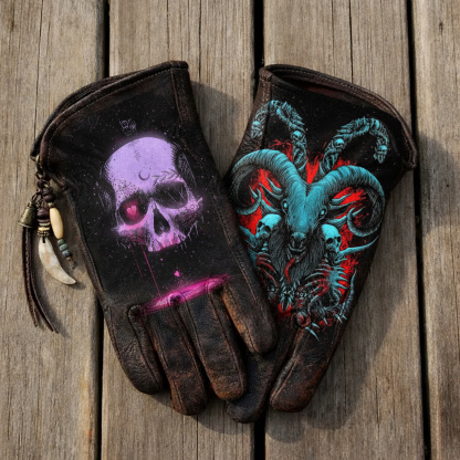 Gothic style skull leather riding gloves