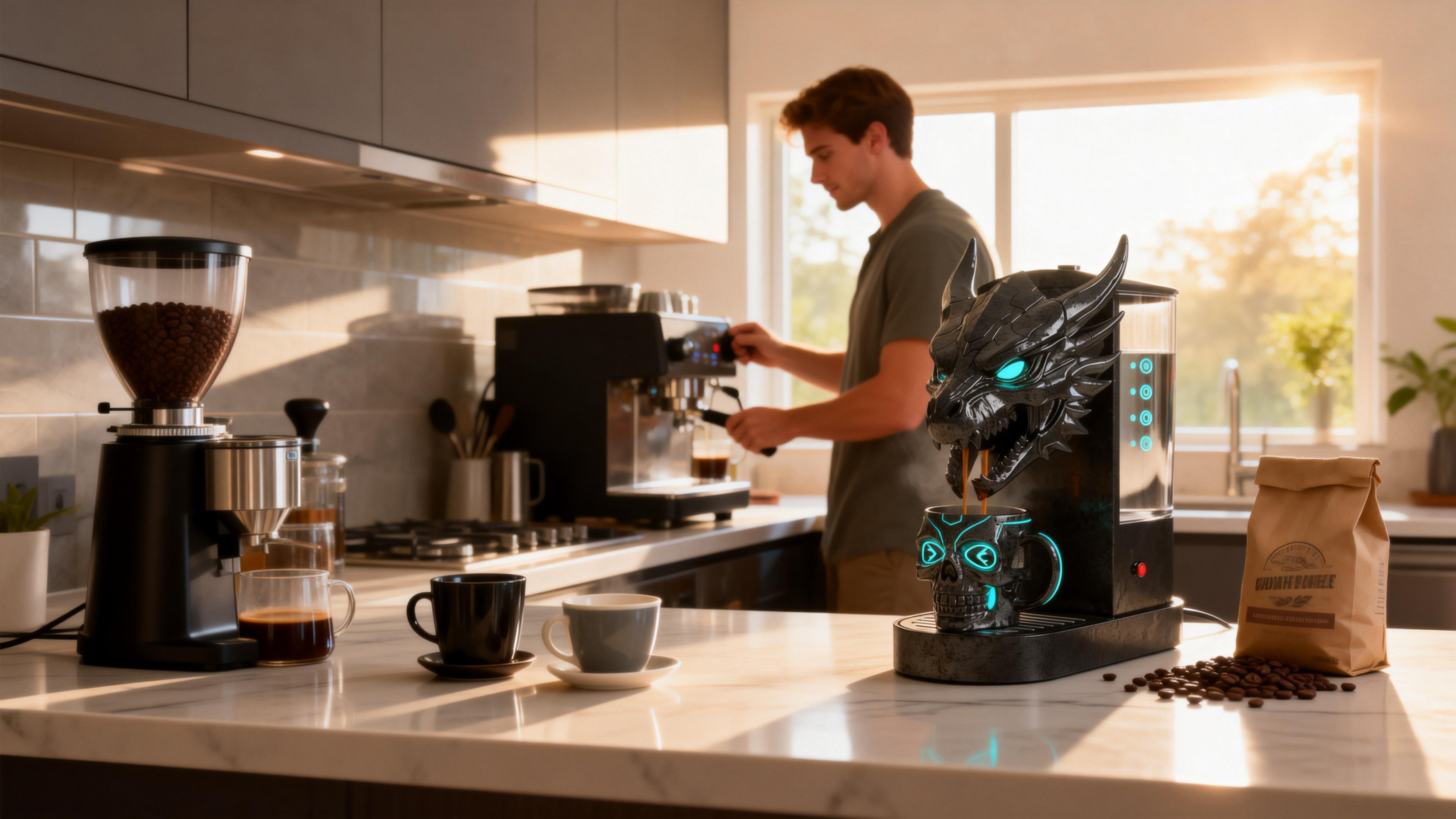 Dark Aesthetic Dragon Coffee Maker with Commanding Presence