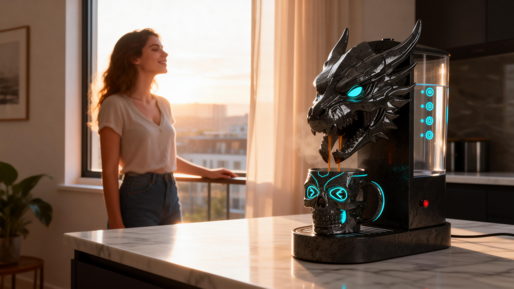 Dark Aesthetic Dragon Coffee Maker with Commanding Presence