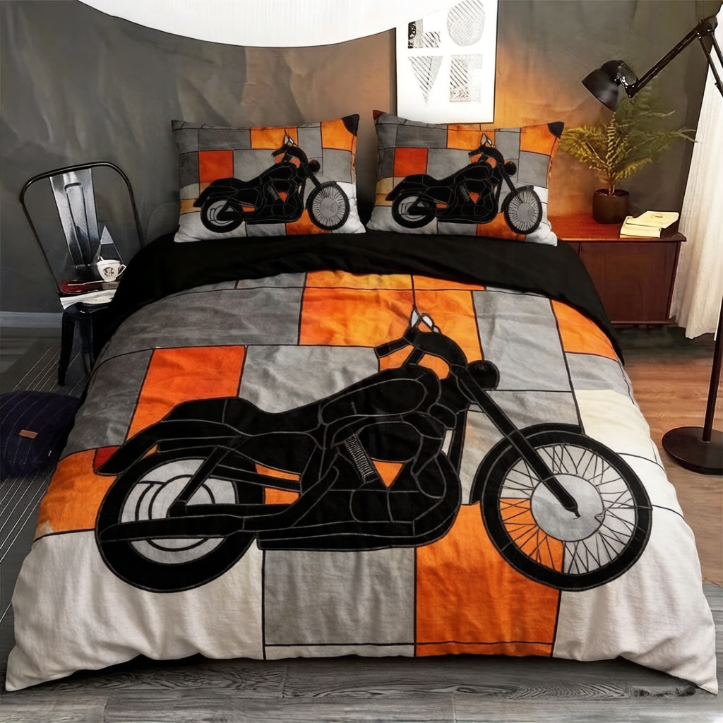 Retro Harley-Davidson style pattern 3-Piece Quilted Bedding Set