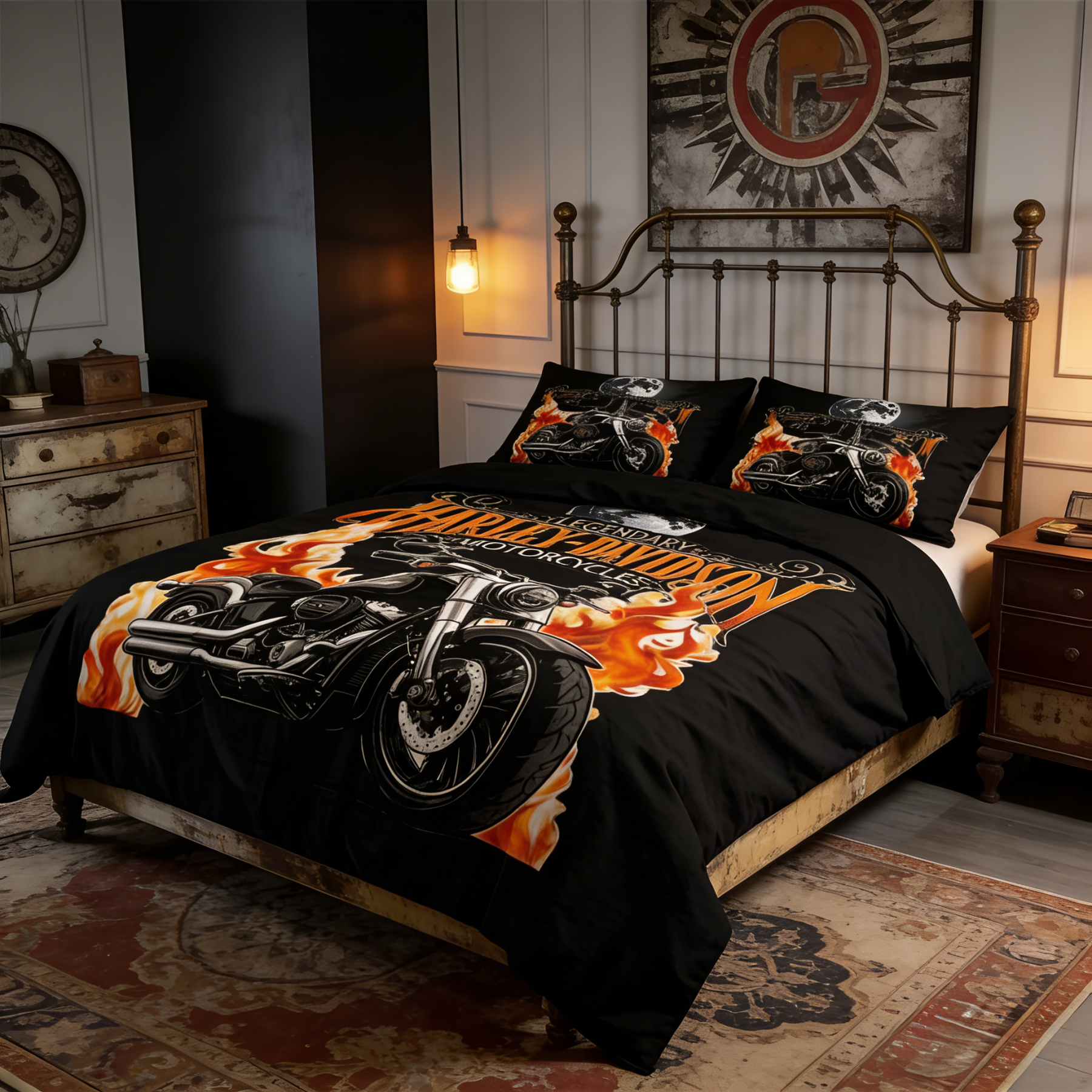 Retro Harley-Davidson style pattern 3-Piece Quilted Bedding Set