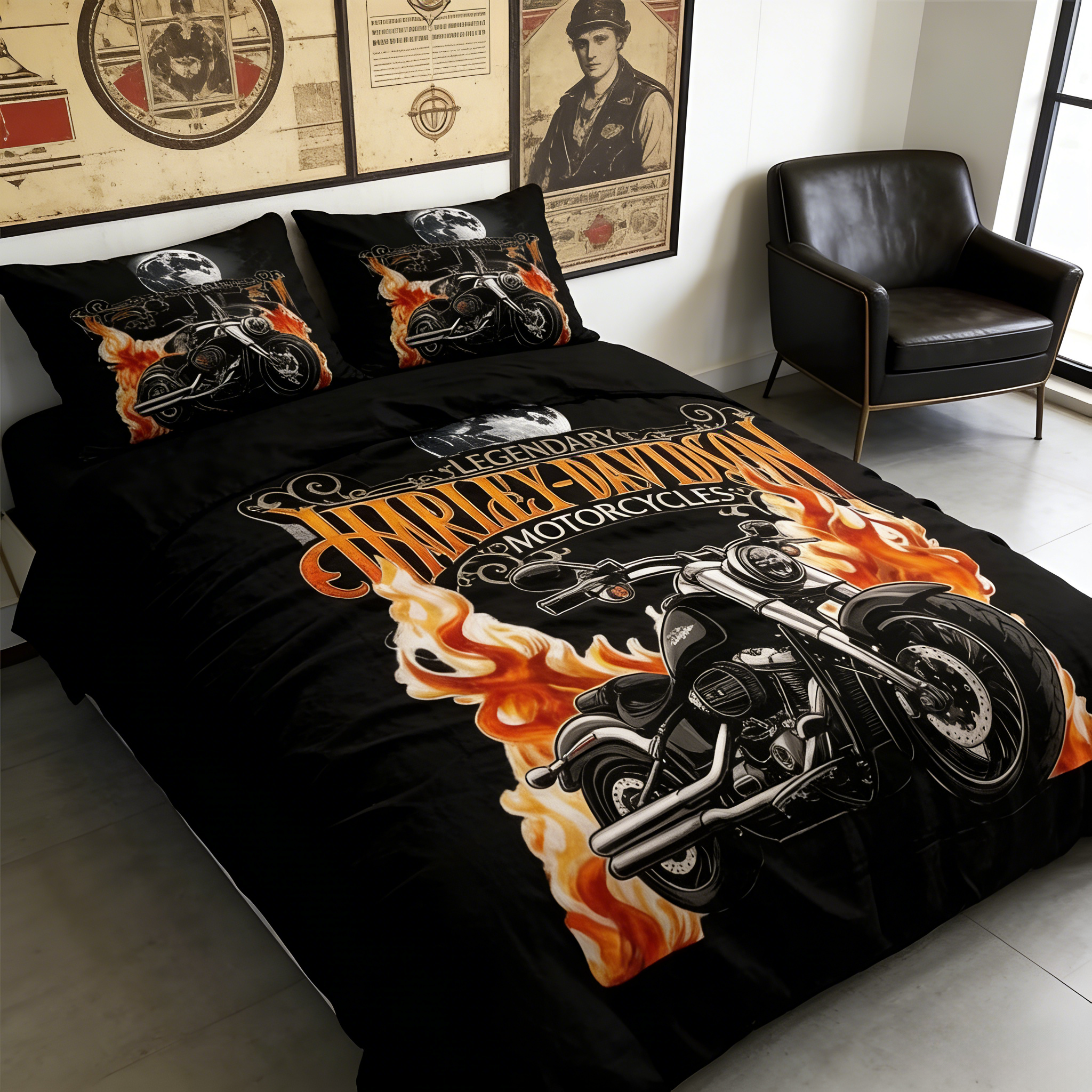 Retro Harley-Davidson style pattern 3-Piece Quilted Bedding Set