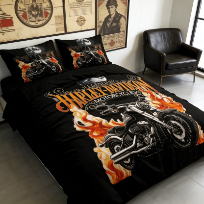 Retro Harley-Davidson style pattern 3-Piece Quilted Bedding Set