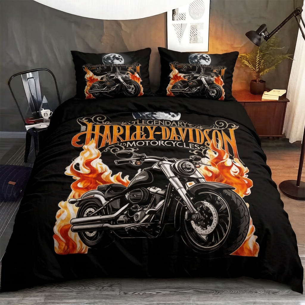 Retro Harley-Davidson style pattern 3-Piece Quilted Bedding Set