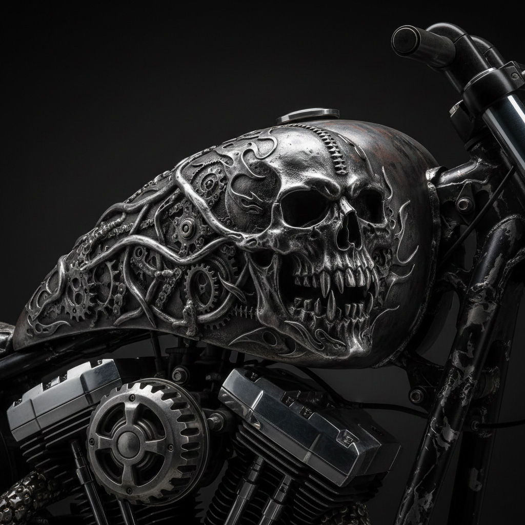 Gothic demonic fanged skull with tangled roots motorcycle tank decal