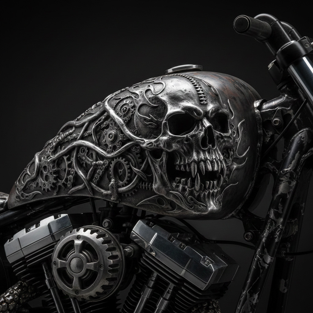 Gothic demonic fanged skull with tangled roots motorcycle tank decal