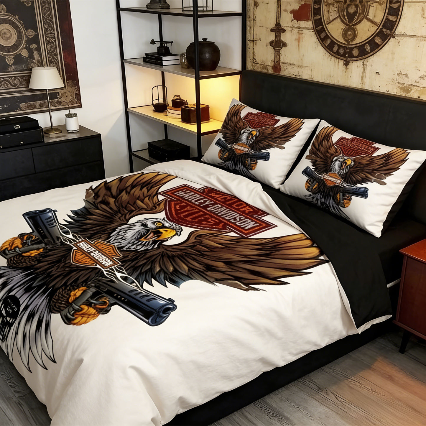 Retro Harley-Davidson style pattern 3-Piece Quilted Bedding Set