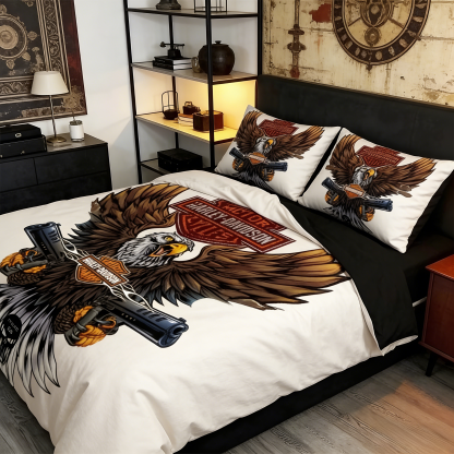 Retro Harley-Davidson style pattern 3-Piece Quilted Bedding Set