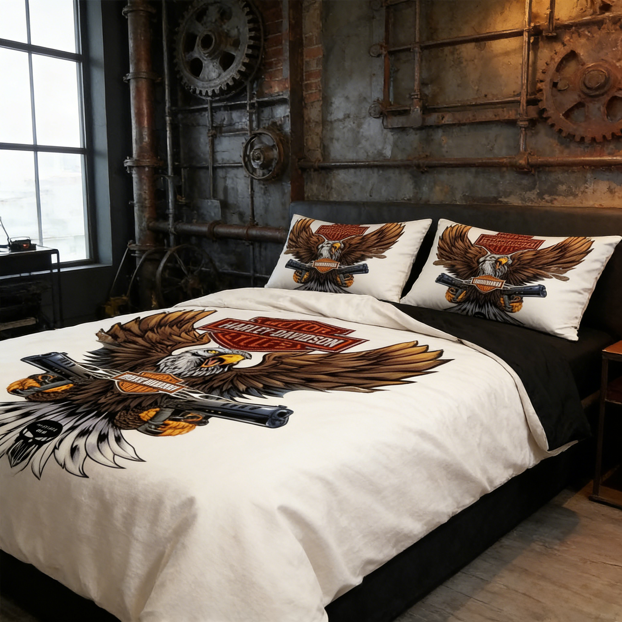 Retro Harley-Davidson style pattern 3-Piece Quilted Bedding Set
