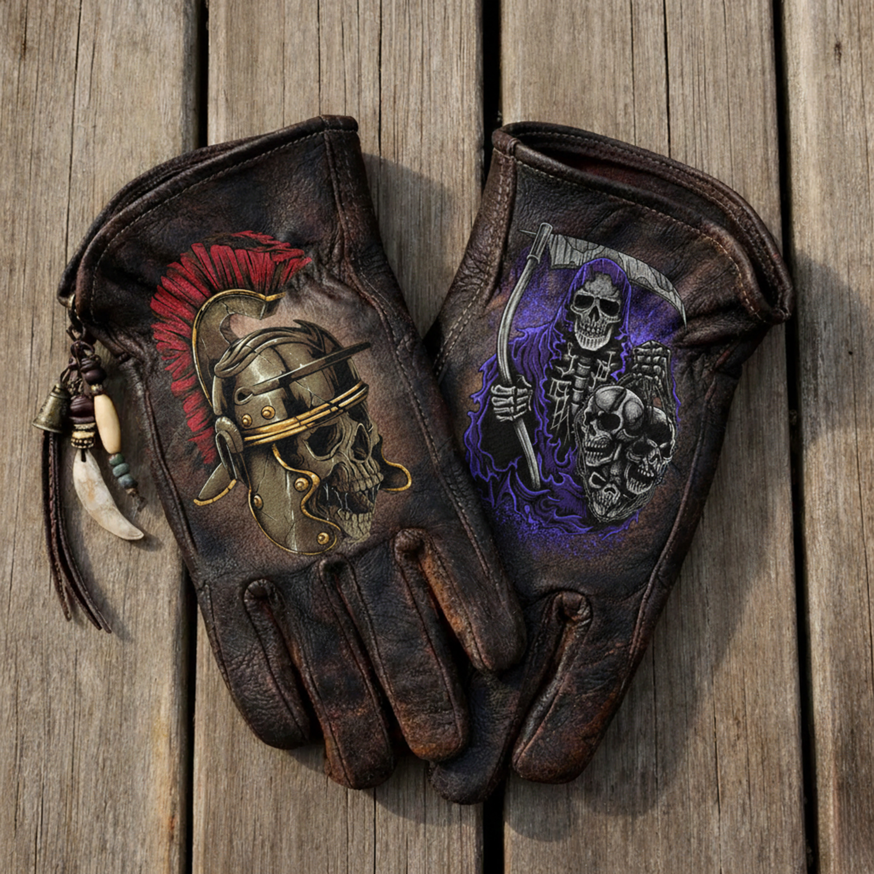 Gothic style skull leather riding gloves