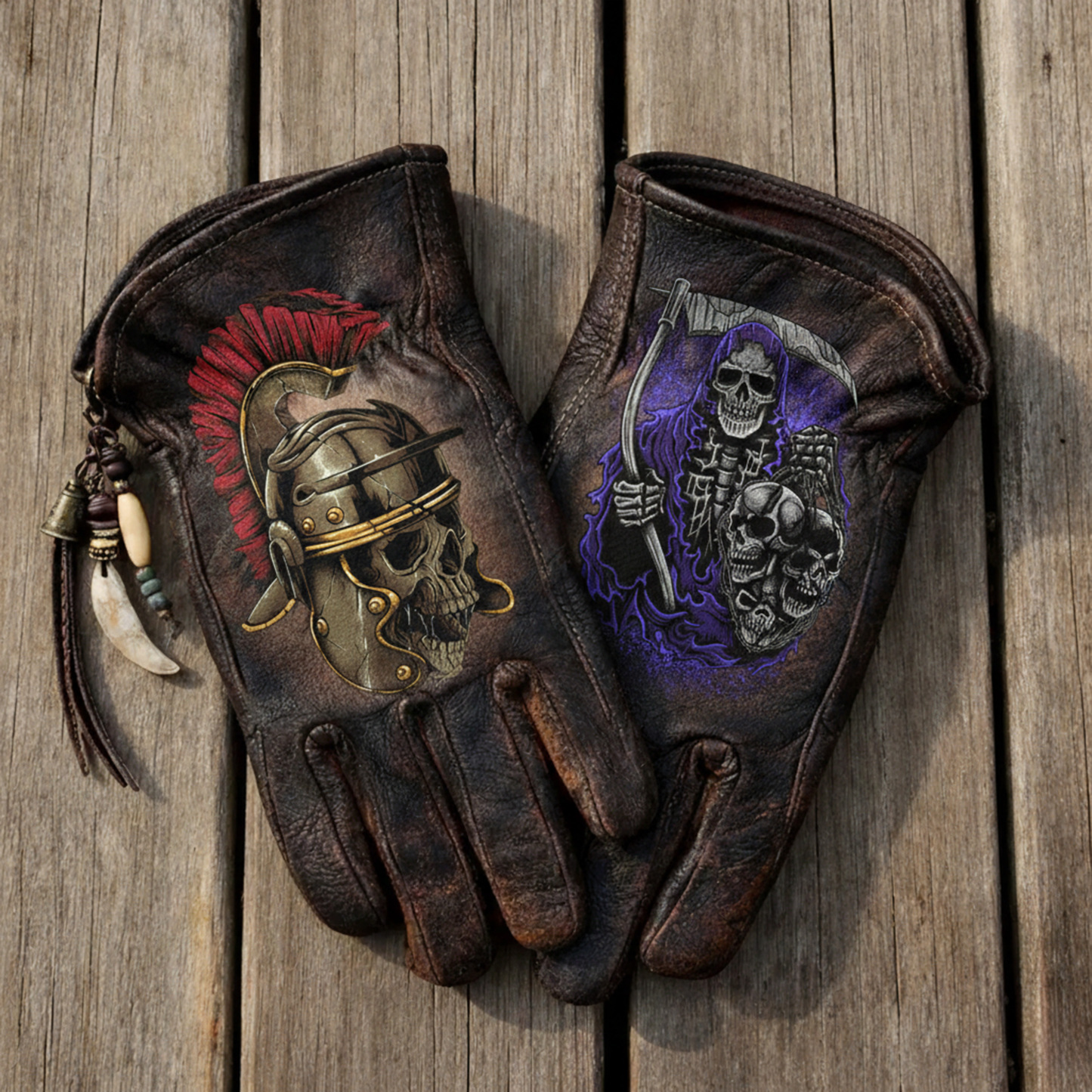 Gothic style skull leather riding gloves