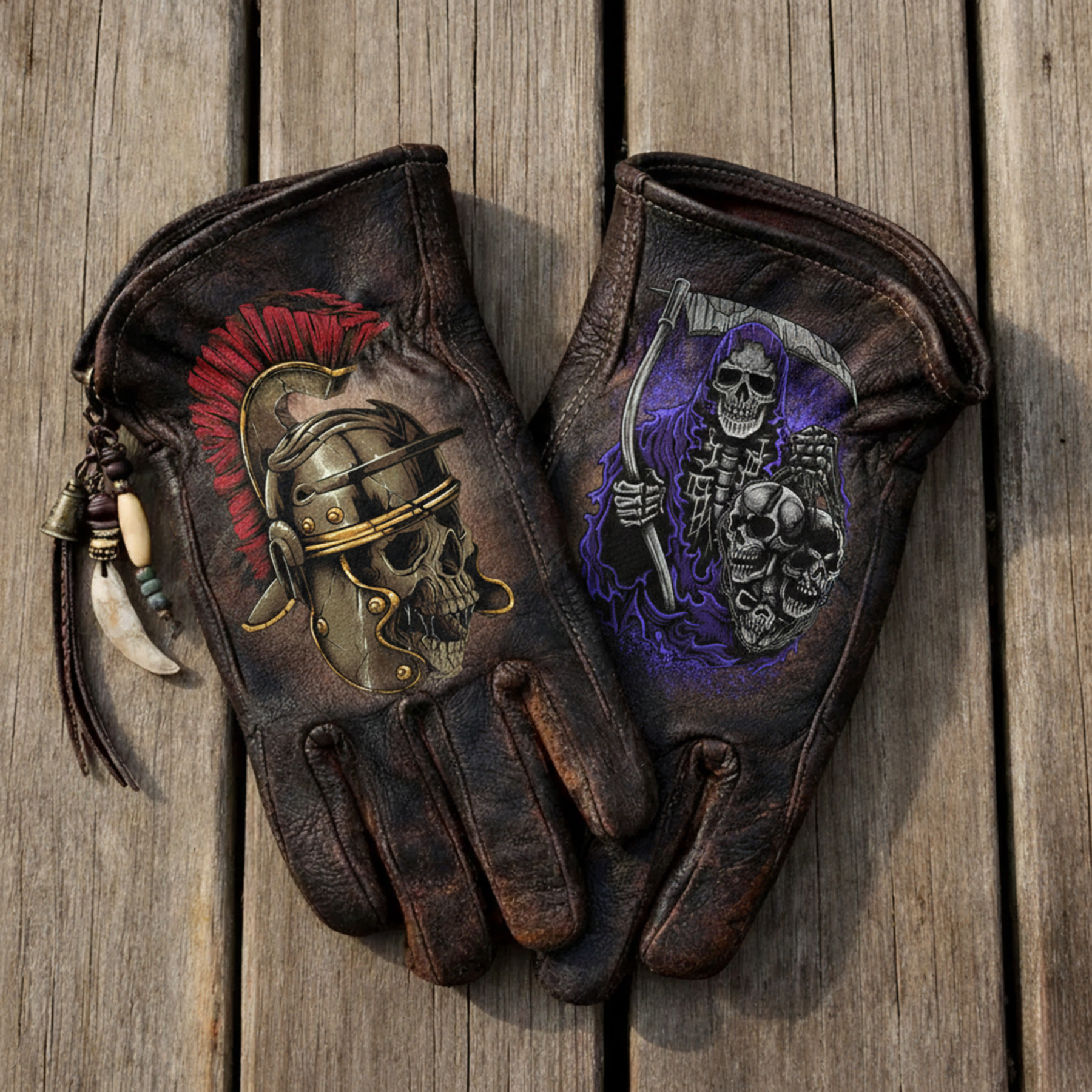Gothic style skull leather riding gloves